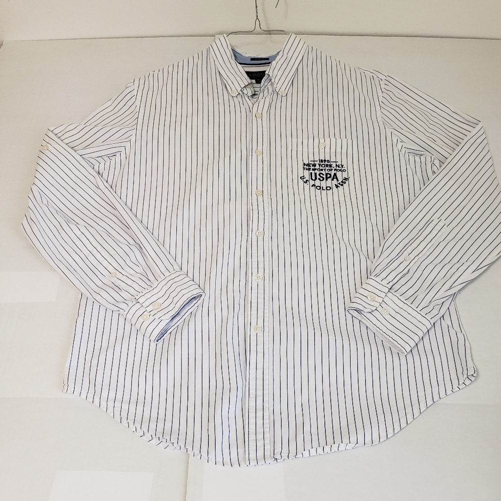 US polo assn long sleeve button down shirt Mens large slim fit blue pin strip - Picture 1 of 5